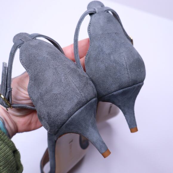 MARION PARKE Suede Scalloped Kitten Heel Sandal Gray Open Toe Women's 39/US 9 - Picture 4 of 8